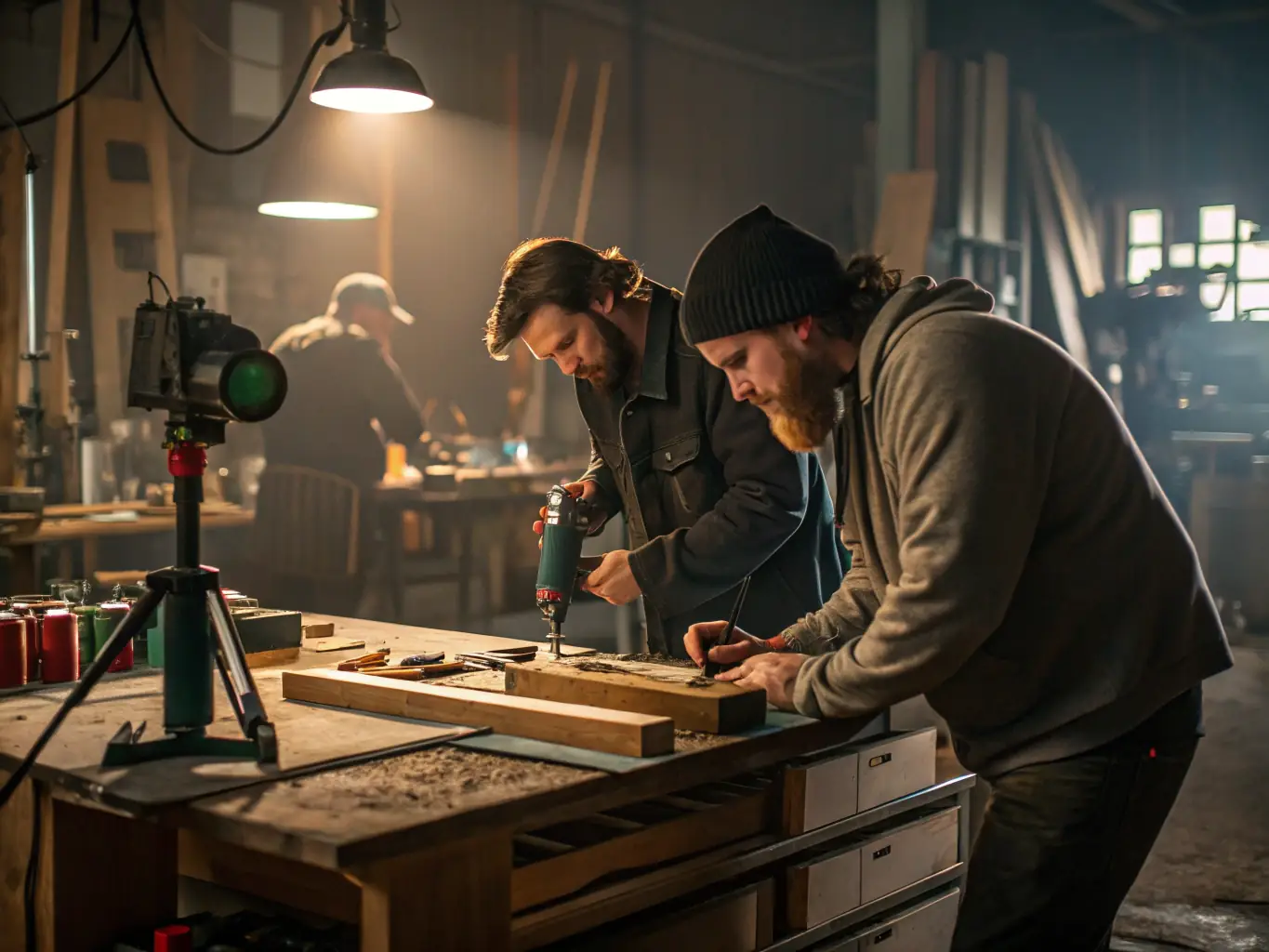 An image of artisans demonstrating traditional craft techniques in a workshop setting, focusing on woodworking and tool usage.
