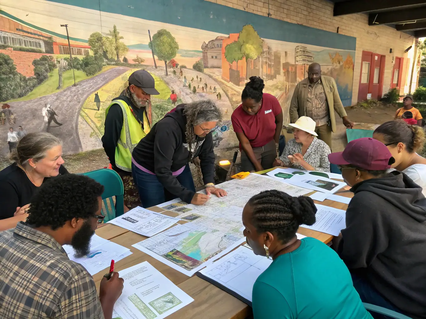 An image of participants actively engaged in a historical documentation and archiving session, surrounded by old documents and tools.